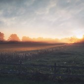 En höstig äng med soluppgång